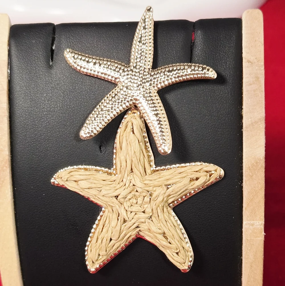 Gold Raffia Starfish Earrings Coastal Resort Statement Dangles Euro Summer Chic